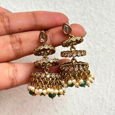 Handmade Brass Metal Jewellery Pearl Layer Jhumka Earrings
